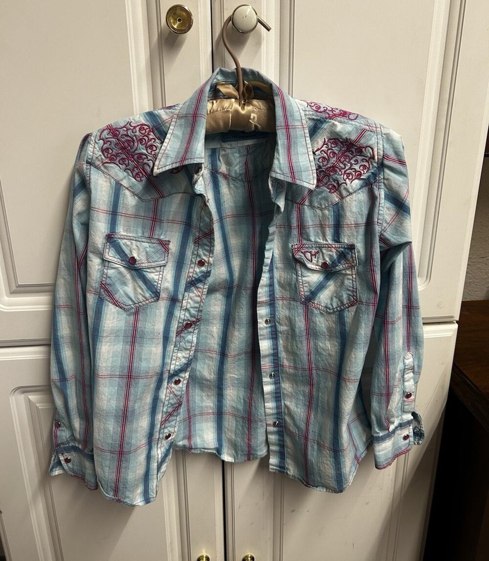 Cowgirl Hardware girls L Plaid Western Button-Up, Blue Pink White, Embroidered